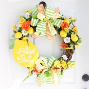 Summer Lemon Grapevine Welcome Wreath for Front Door, Citrus Decor for Home